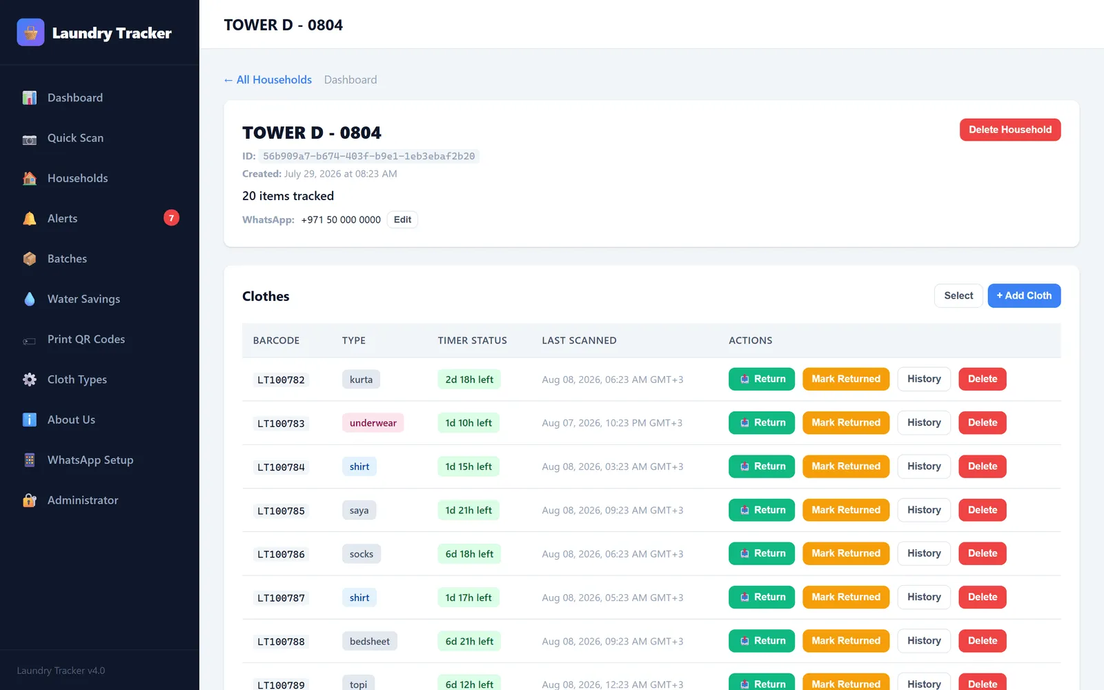 A household page listing its garments in a table: barcode, cloth type, a timer status such as "2d 18h left", when it was last scanned, and per-item actions to return, mark returned, view history or delete. Demonstration data; households are shown as unit numbers.
