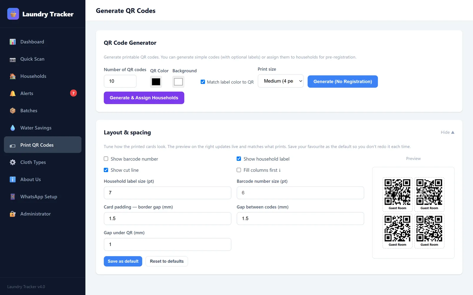The Generate QR Codes screen. A generator sets how many codes to make, their colour and print size, with buttons to generate plain codes or generate and assign them to households. Below it a layout panel tunes label size, card padding, gap between codes and cut lines, beside a live preview of the printed sheet showing four QR cards.