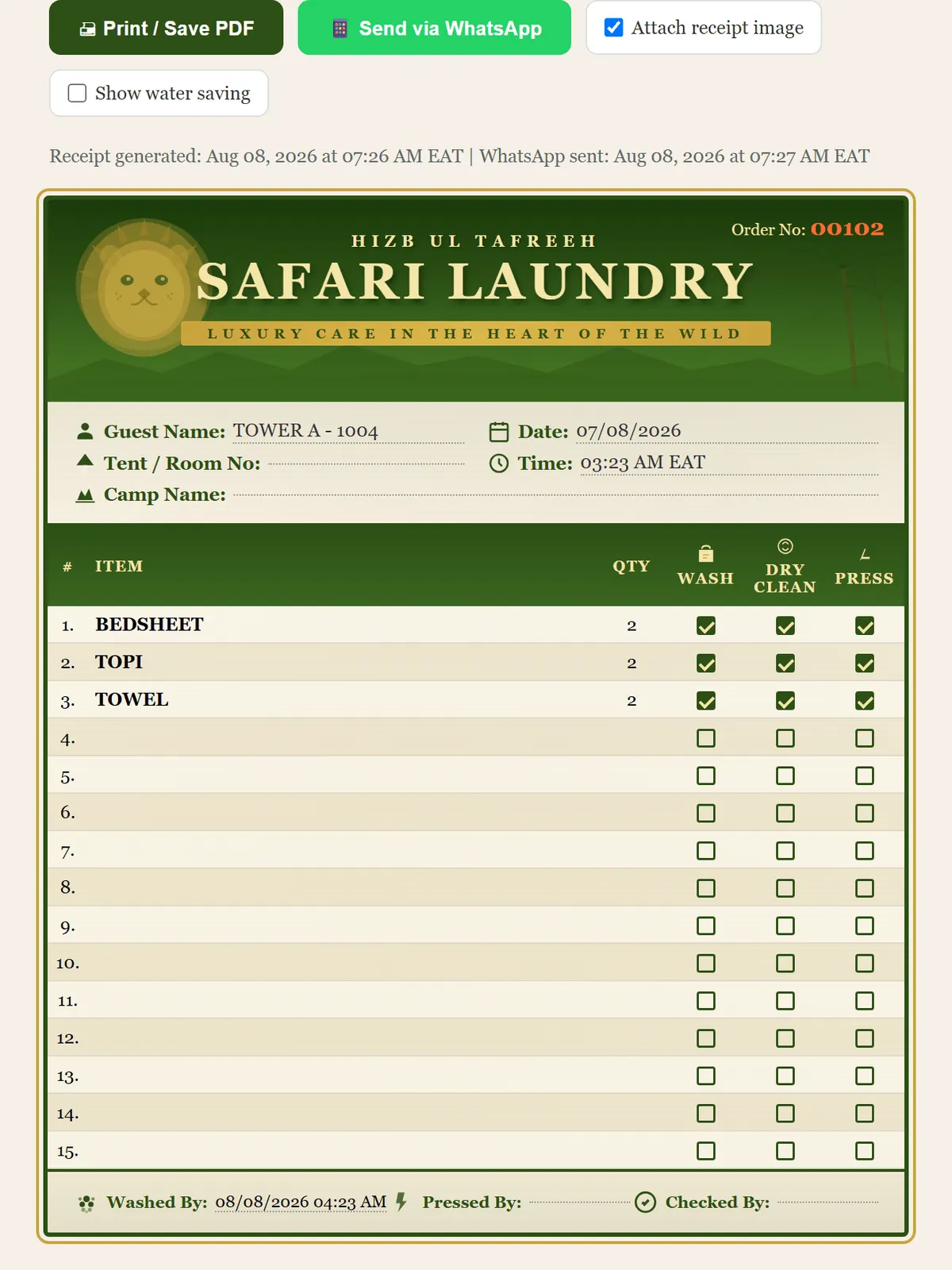 A generated Safari Laundry receipt for order 00102, itemising bedsheet, topi and towel with wash, dry-clean and press ticked. Above it are buttons to print or save as PDF and to send via WhatsApp, and a line recording that the receipt was generated at 07:26 and the WhatsApp sent at 07:27.