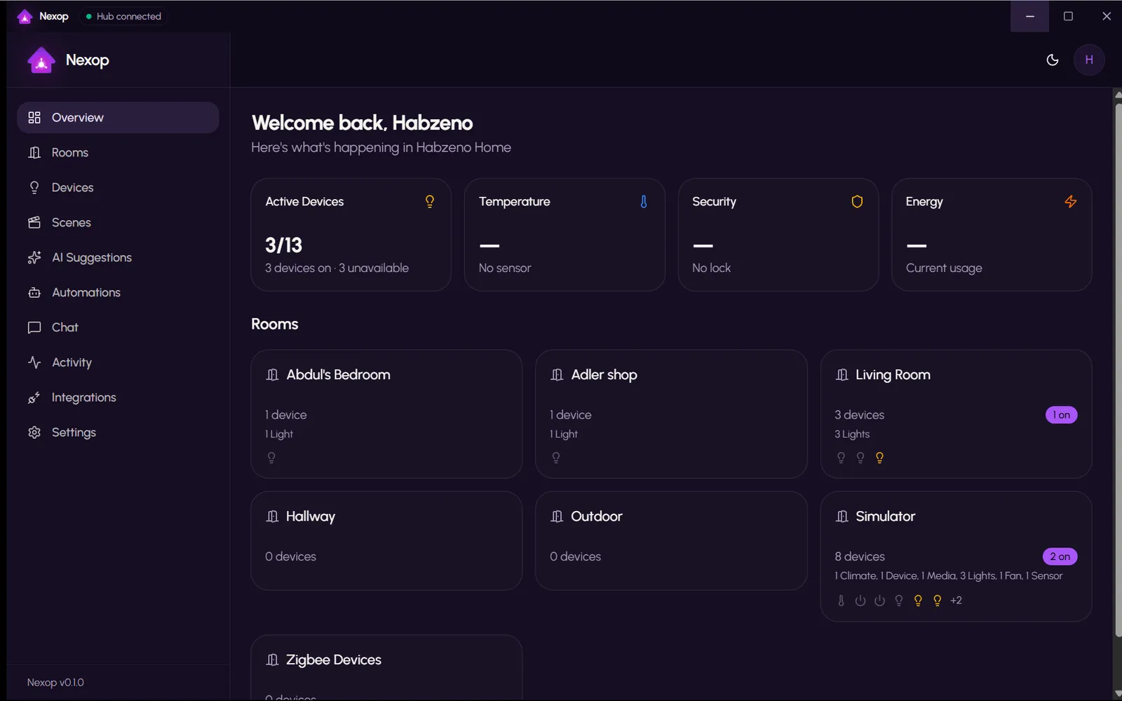The Nexop desktop application, signed in, with a "Hub connected" status in the title bar. A sidebar lists Overview, Rooms, Devices, Scenes, AI Suggestions, Automations, Chat, Activity, Integrations and Settings. The overview shows tiles for active devices, temperature, security and energy, above a grid of rooms with the device count and lights on in each.