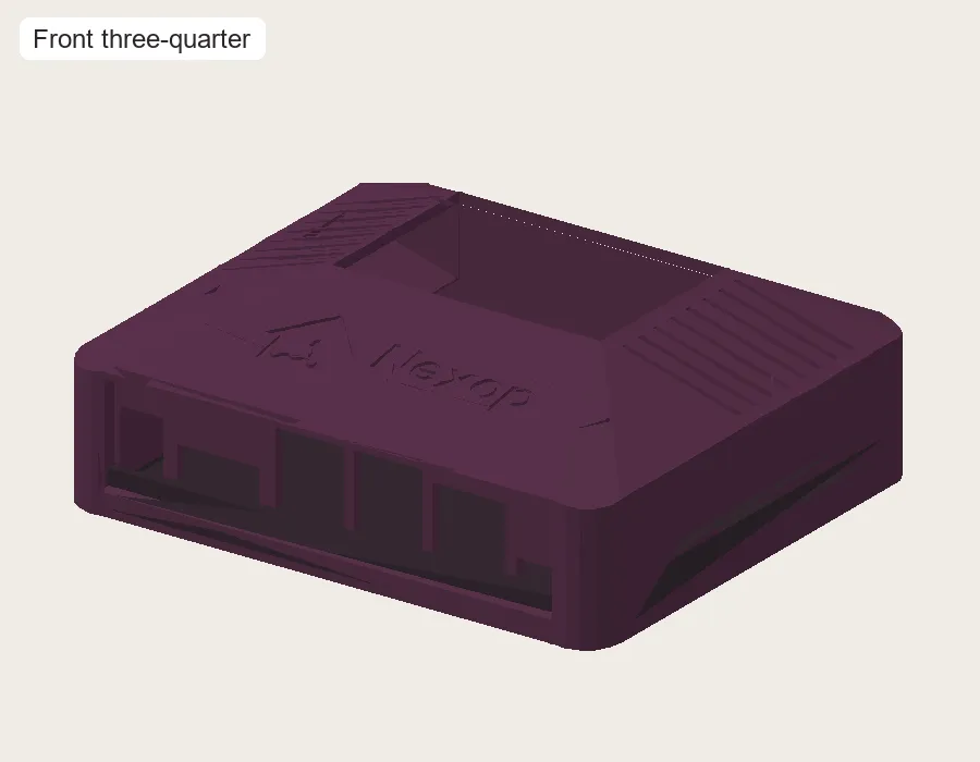 Three-quarter CAD view of the Nexop enclosure: a low rectangular case with the Nexop wordmark embossed on the lid, vent slots along the top and side, and a recessed port bay across the front face.